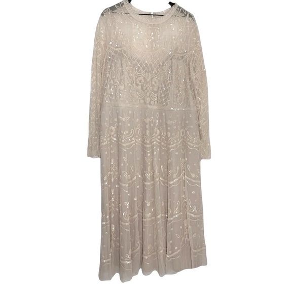 Mac Duggal Sequined Illusion High Neck Long Sleeve Midi Dress Cream 20 - Picture 4 of 9